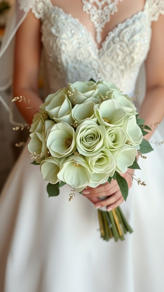 A beautiful bouquet with sage green roses and delicate gold accents, held by a bride in a white wedding dress.
