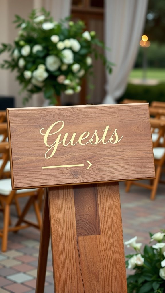 Wooden wedding sign with gold lettering indicating guests, set against a backdrop of greenery and white flowers.