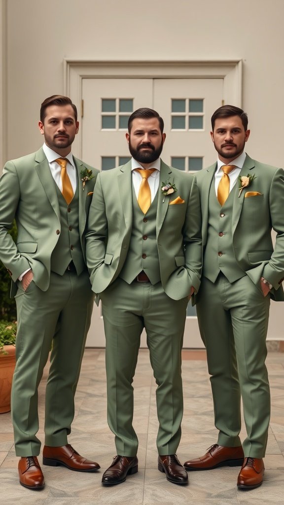 Three groomsmen in sage green suits with gold ties, standing together.