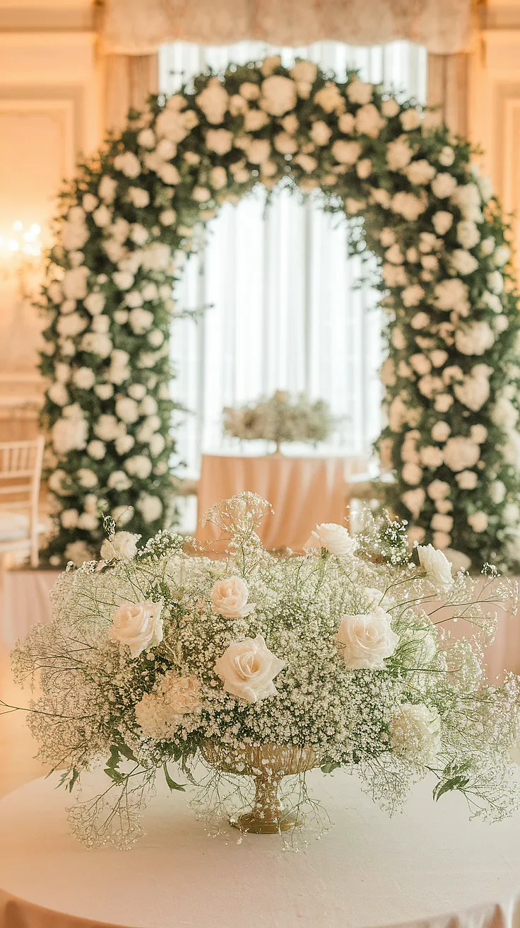 babys breath flower arrangement, with arch on the background at ceremony minister