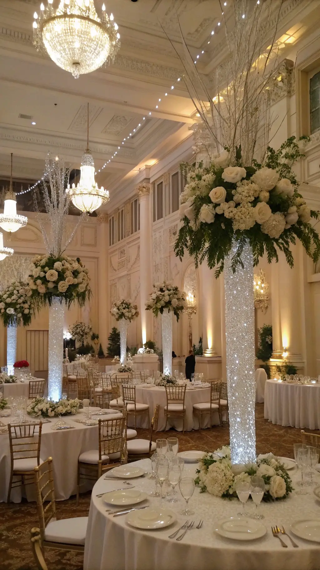 A grand ballroom during blue hour with round tables adorned in white silk linens, featuring tall white Christmas centerpieces of roses, hydrangeas, and manzanita branches in mercury glass vessels. Crystal drops and tall white tapers add elegance, with softly lit marble columns and twinkling fairy lights enhancing the ambiance.
