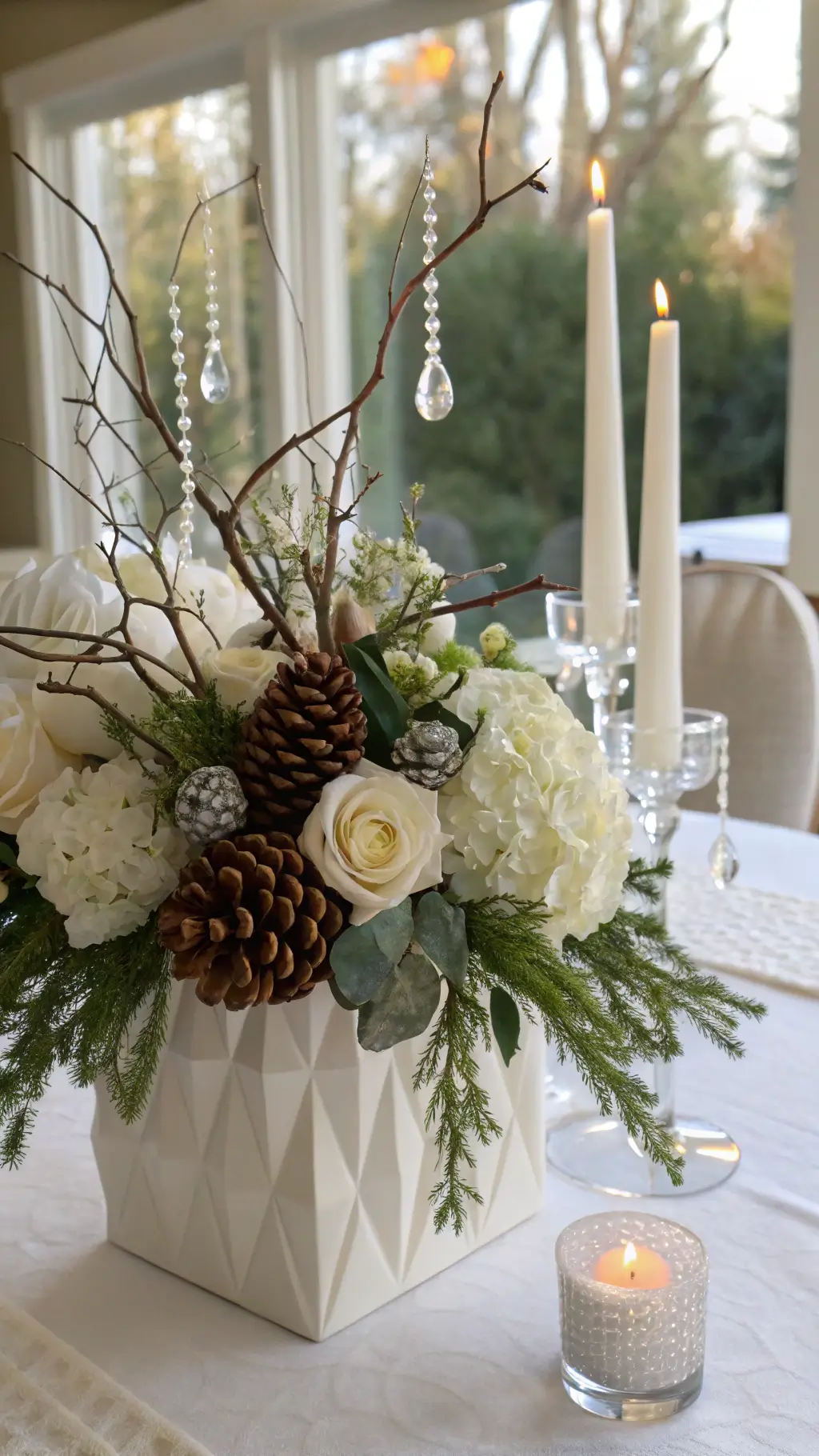 A close-up of a white Christmas centerpiece on a table, featuring frosted manzanita branches with crystal teardrops and pinecones, surrounded by white roses and hydrangeas with silver-tipped evergreens, set in a geometric vessel, with white taper candles on a silk tablecloth.