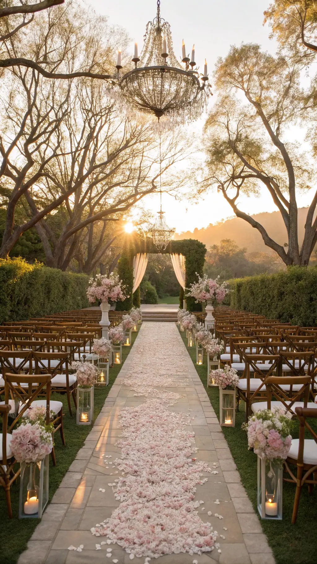 A grand garden ceremony at golden hour with a flower-lined aisle in an English garden estate, framed by cherry blossom trees and crystal chandeliers. Rows of cross-back wooden chairs with silk ribbons line a stone pathway, with soft blush and ivory flower arrangements under warm sunset light, creating a dreamy atmosphere. may wedding ideas spring