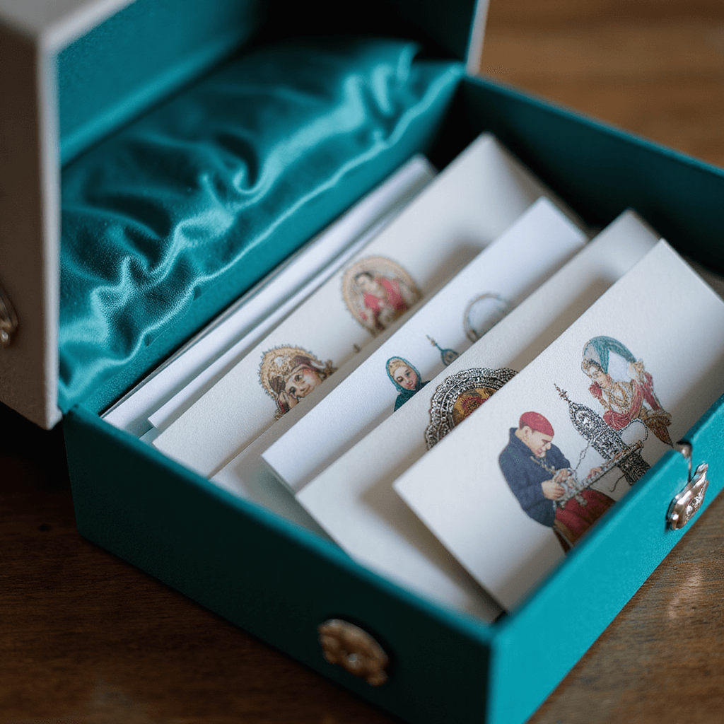 Close-up of an ornate wedding invitation box, teal silk-lined with silver elephant designs, revealing intricately illustrated ceremony cards with silver trimming.