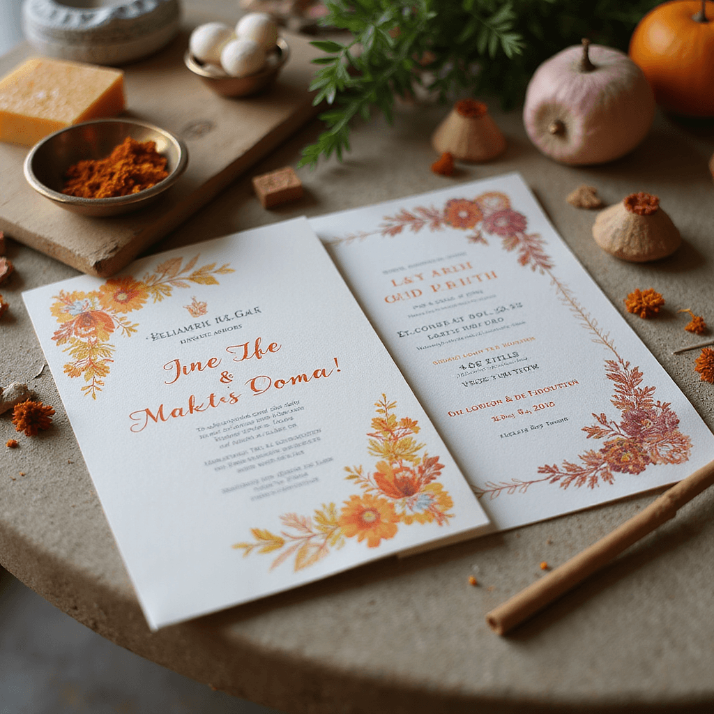 Eco-friendly wedding invitation suite with seed paper embedded with marigold seeds, block-printed borders in vegetable dyes, surrounded by brass diyas, incense, and sustainable packaging, captured in soft morning light.