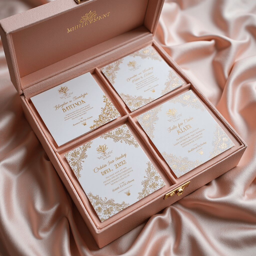 Luxury wedding invitation box with blush pink silk cover, open to reveal compartments with individually designed ceremony cards featuring traditional patterns. Decorated with pearls, mirror work, gold calligraphy, wax seals, and personalized details. Photographed under diffused studio lighting.