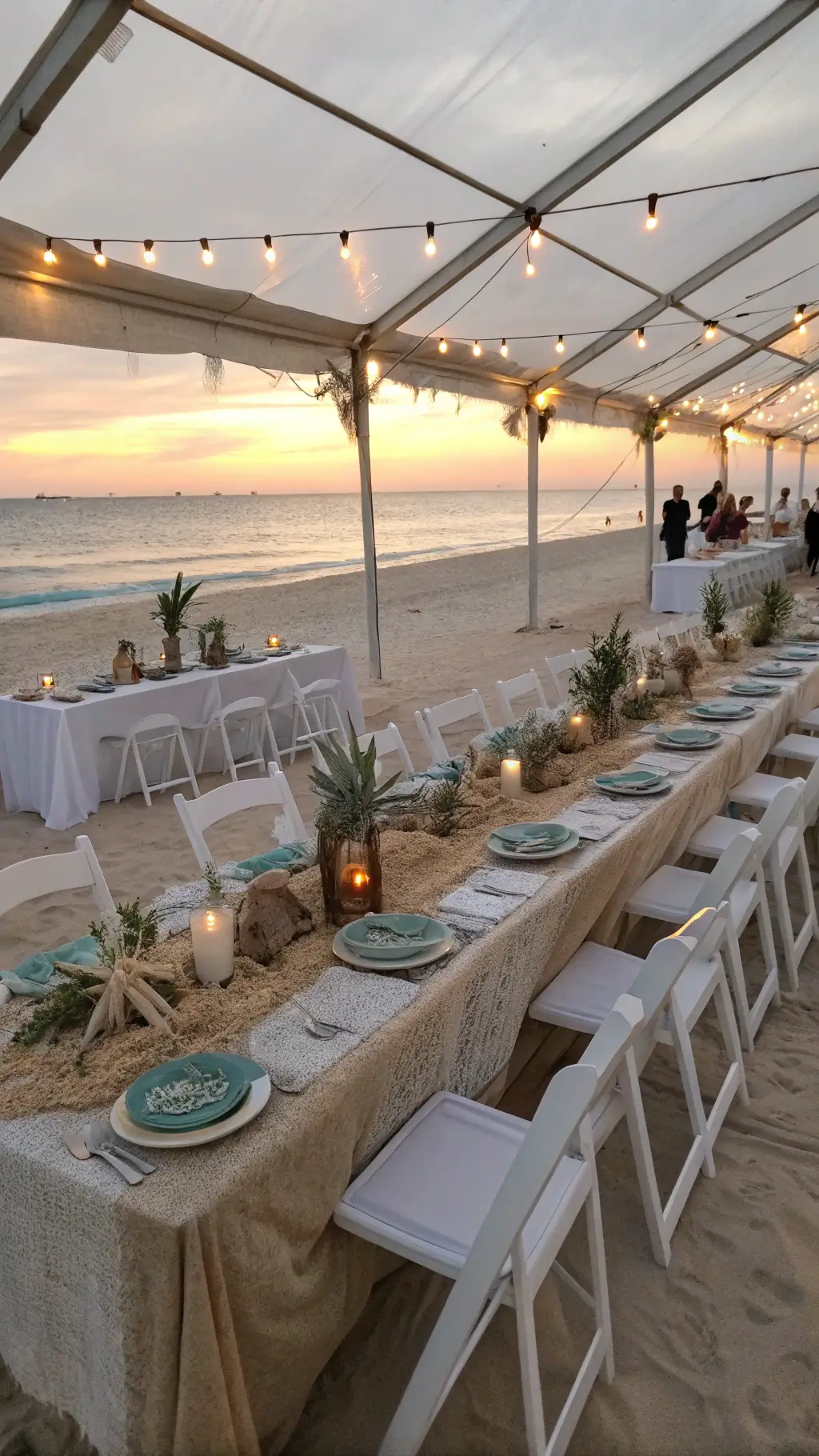 A beachfront celebration with translucent tents glowing in the sunset, long tables with driftwood centerpieces, dinosaur figures in sand, mother-of-pearl chargers, aqua plates, rope votives, and capiz chandeliers. White weathered chairs facing the ocean under golden hour light.