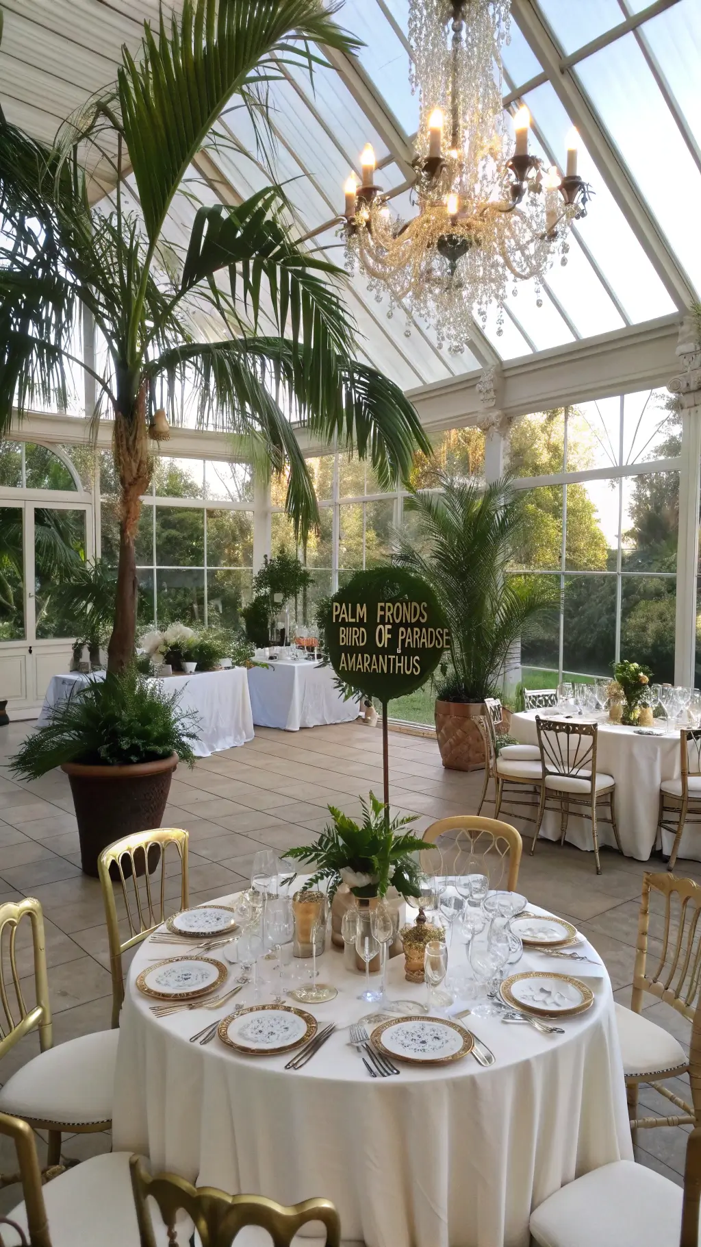 Aerial view of a classic conservatory with glass walls, showcasing manicured gardens, round tables with ivory linens, palm frond centerpieces, antique telescope decorations, crystal chandelier with vines, and scholarly accents like scientific journals and fossil-inspired menu cards. dinosaur birthday party