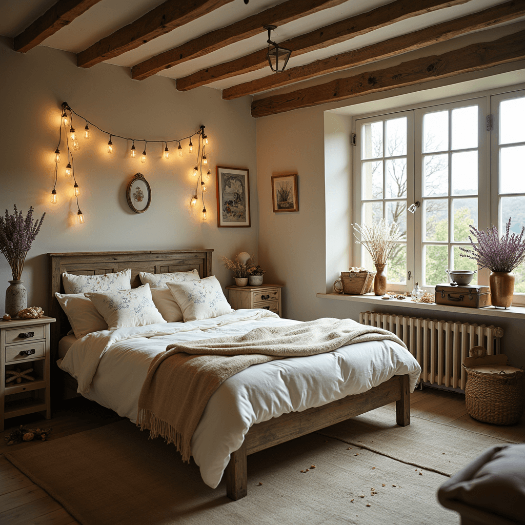 Rustic-luxe cottage bedroom bathed in early morning light, featuring a weathered wooden bed with cream linen and embroidered blankets, mason jar fairy lights hanging from beams, a vintage suitcase as a gift display, dried lavender in copper vases, and scattered wild garden roses, creating a cozy atmosphere.