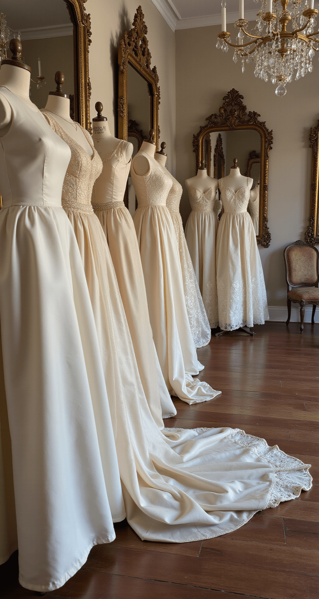 A vintage bridal salon interior bathed in mid-morning light, featuring a wide shot of silk wedding gowns from various eras, showcasing texture variations from matte charmeuse to glossy satin, complemented by antique mirrors and crystal chandeliers.