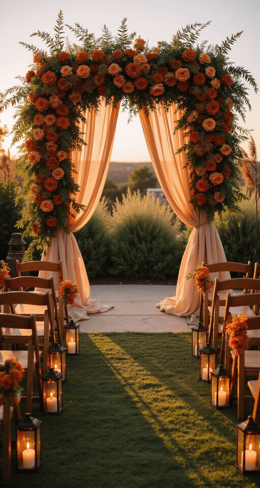 A sunset-lit garden wedding ceremony with a dramatic floral arch of copper-toned roses and cascading orange spray roses, lined with natural wood chairs and vintage copper lanterns, captured from the back of the aisle.