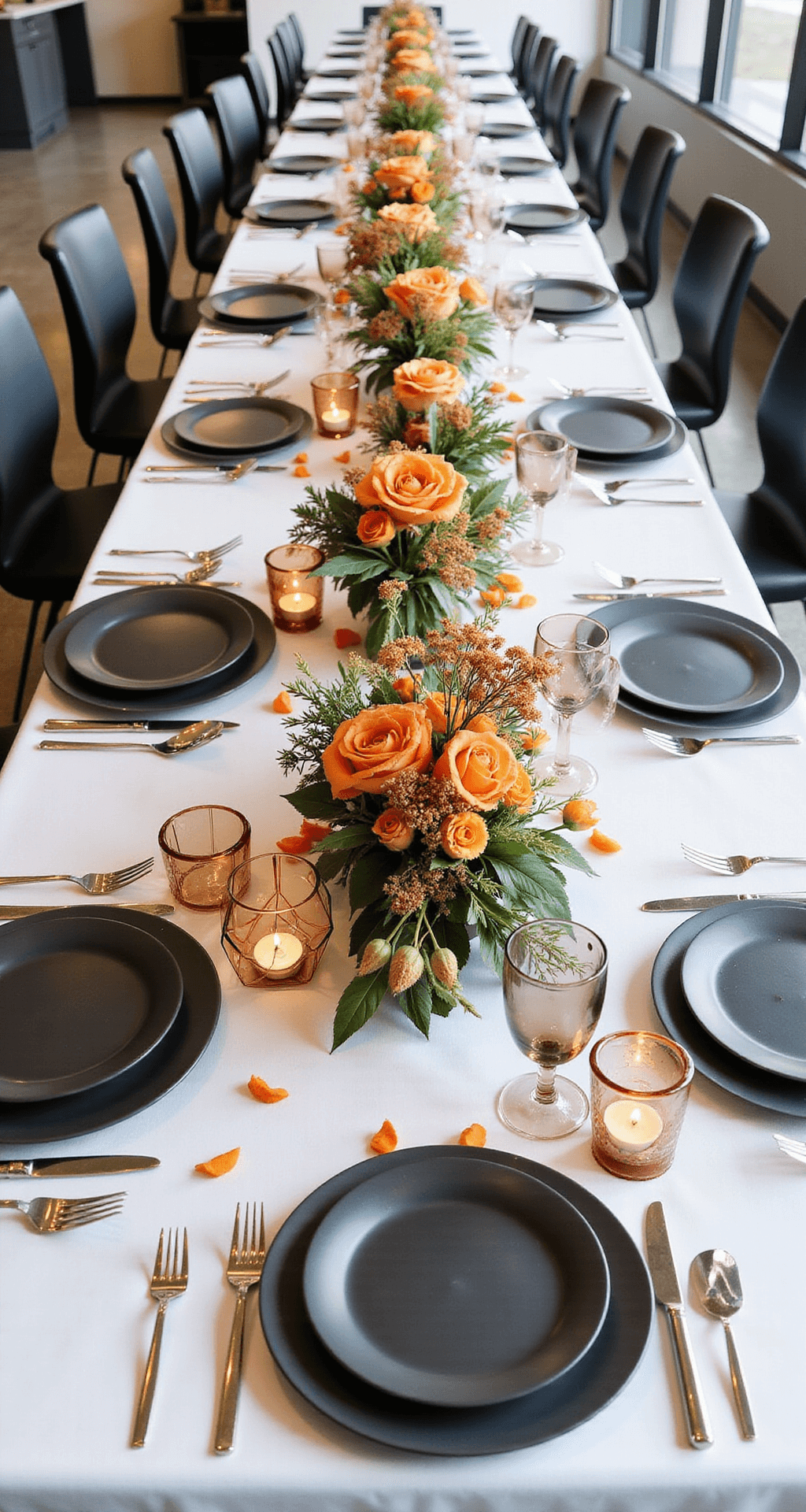 An overhead view of a modern minimalist reception table featuring a low-profile floral centerpiece of orange alstroemeria, peach garden roses, and billy balls on white linens, with matte black chargers, copper cutlery, and smoke-gray glassware, enhanced by geometric copper votives and scattered orange petals, all illuminated by natural light from large windows.