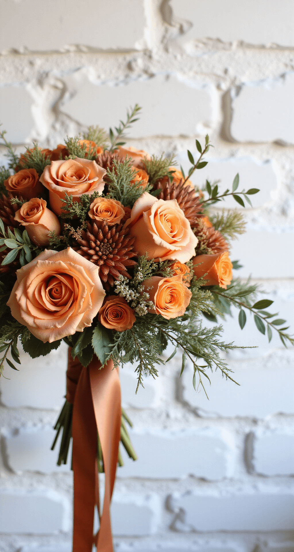 A close-up of a luxurious bridal bouquet featuring orange velvet roses, spiky protea, and delicate spray roses, hand-tied with a copper silk ribbon. The arrangement is set against a whitewashed brick wall, illuminated by morning light that highlights the rich orange hues and accented with olive branches and eucalyptus.