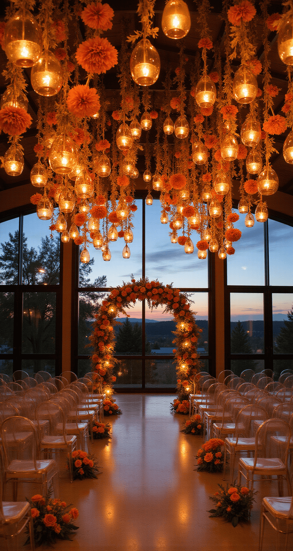An intimate indoor ceremony space at dusk, featuring suspended orange floral installations and hundreds of amber glass votives illuminating clusters of orange carnations and roses. Below, ghost chairs form a semicircle around a copper arch draped with fresh orange blooms, complemented by warm uplighting casting a golden glow.