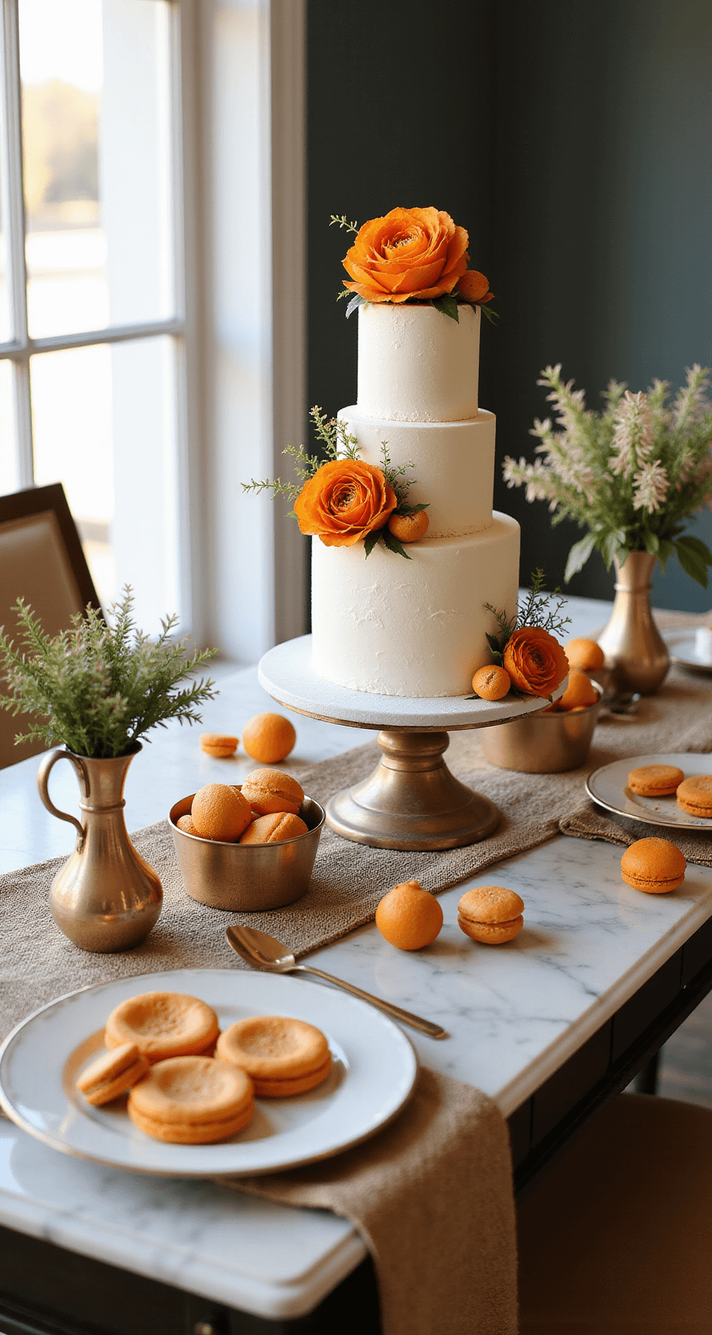A beautifully styled dessert table featuring a three-tier white cake decorated with fresh orange spray roses and gold-painted billy balls, surrounded by bud vases with proteas, vintage copper compotes holding orange macarons and petit fours, all set on a marble console with textured metallic linens, illuminated by natural window light.