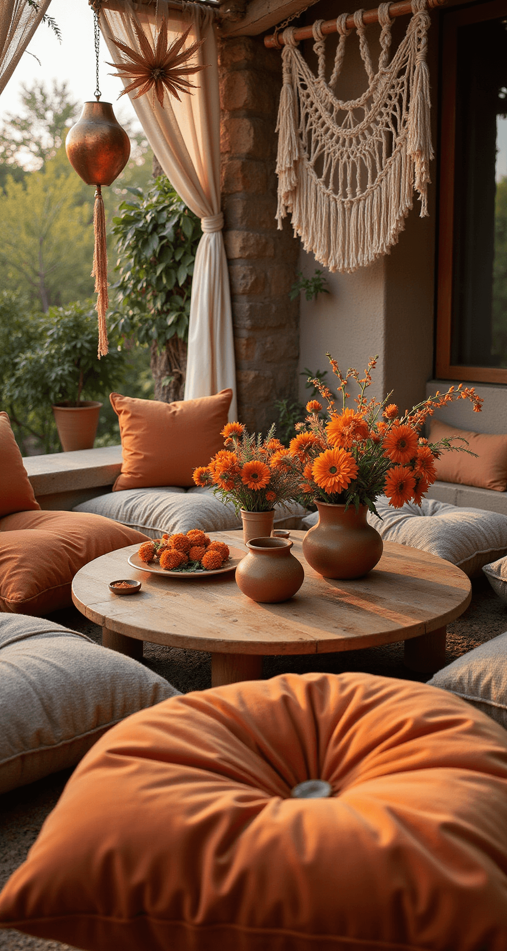 A cozy bohemian lounge area with rust velvet floor cushions, low wooden tables adorned with orange floral arrangements in pottery, macramé hangings with dried flowers, and copper lanterns, all beautifully lit by golden hour sunlight.