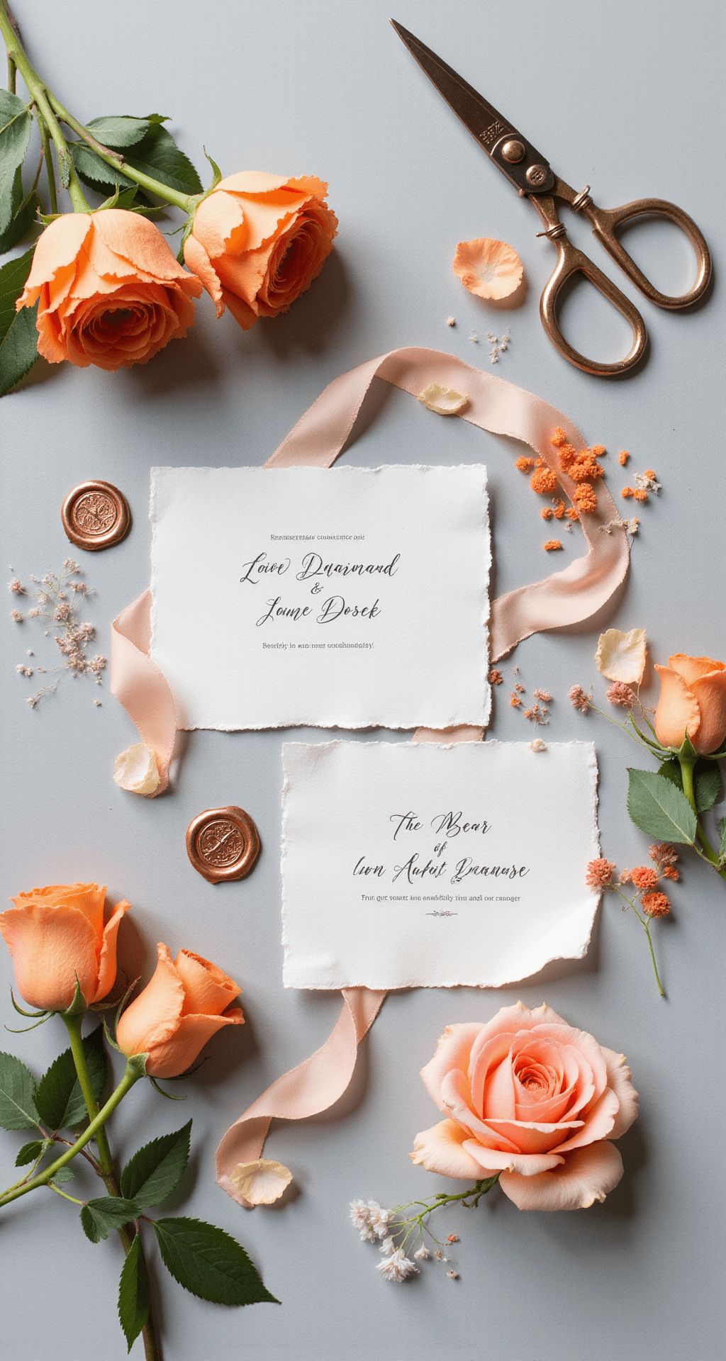 Flat lay of wedding stationery with orange garden roses, scattered petals, copper wax seals, silk ribbons, and hand-torn paper on a pale gray surface, enhanced by vintage scissors and orange flower stems, all illuminated to highlight intricate details.