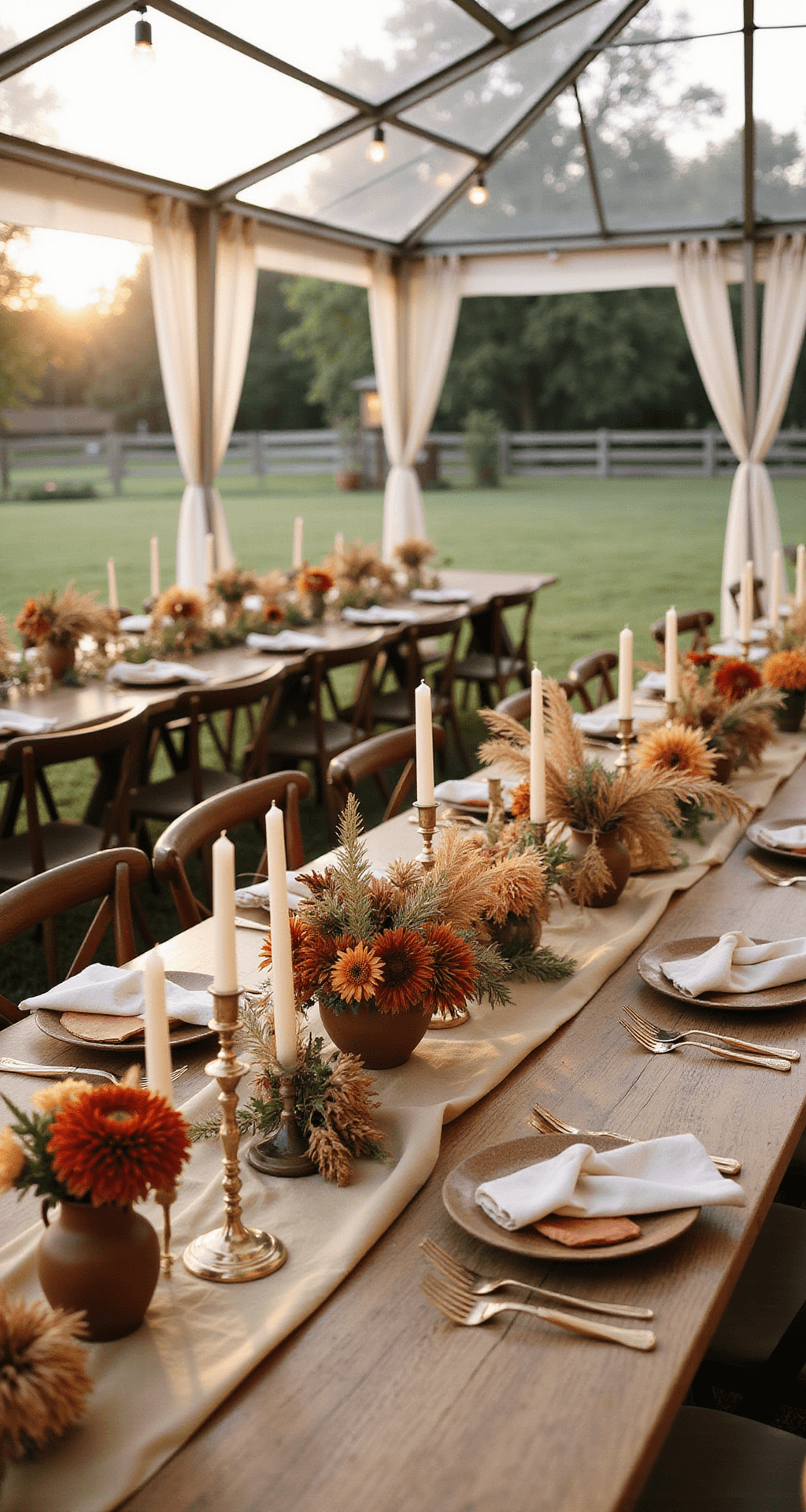 Intimate farm table reception under a clear-top tent at golden hour, featuring long wooden tables with raw silk runners, organic centerpieces of rust-colored dahlias and pampas grass in terracotta vessels, vintage brass candlesticks, handmade ceramic plates, and copper flatware, all captured from an elevated angle showcasing natural light filtering through the tent.