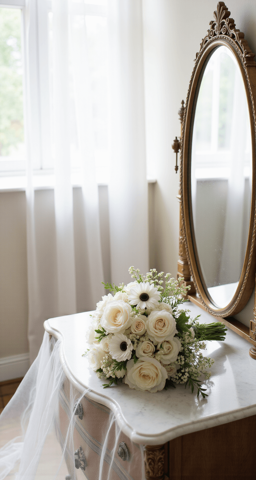 A light-filled bridal preparation scene featuring a vintage marble vanity adorned with a cascading bouquet of white garden roses, ranunculus, and anemones, along with delicate wedding details and soft tulle from the gown, all beautifully illuminated by morning light through sheer curtains.