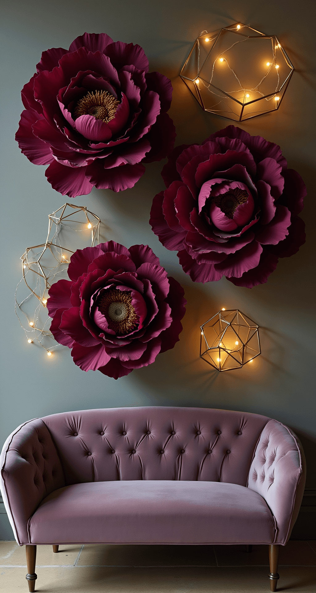 Intimate photo booth corner featuring oversized silk peonies in deep burgundy and mauve against a textured grey velvet wall, illuminated by warm café lighting that casts dramatic shadows. Modern brass geometric frames and fairy lights entwine with the flowers, with a vintage velvet settee below for scale.