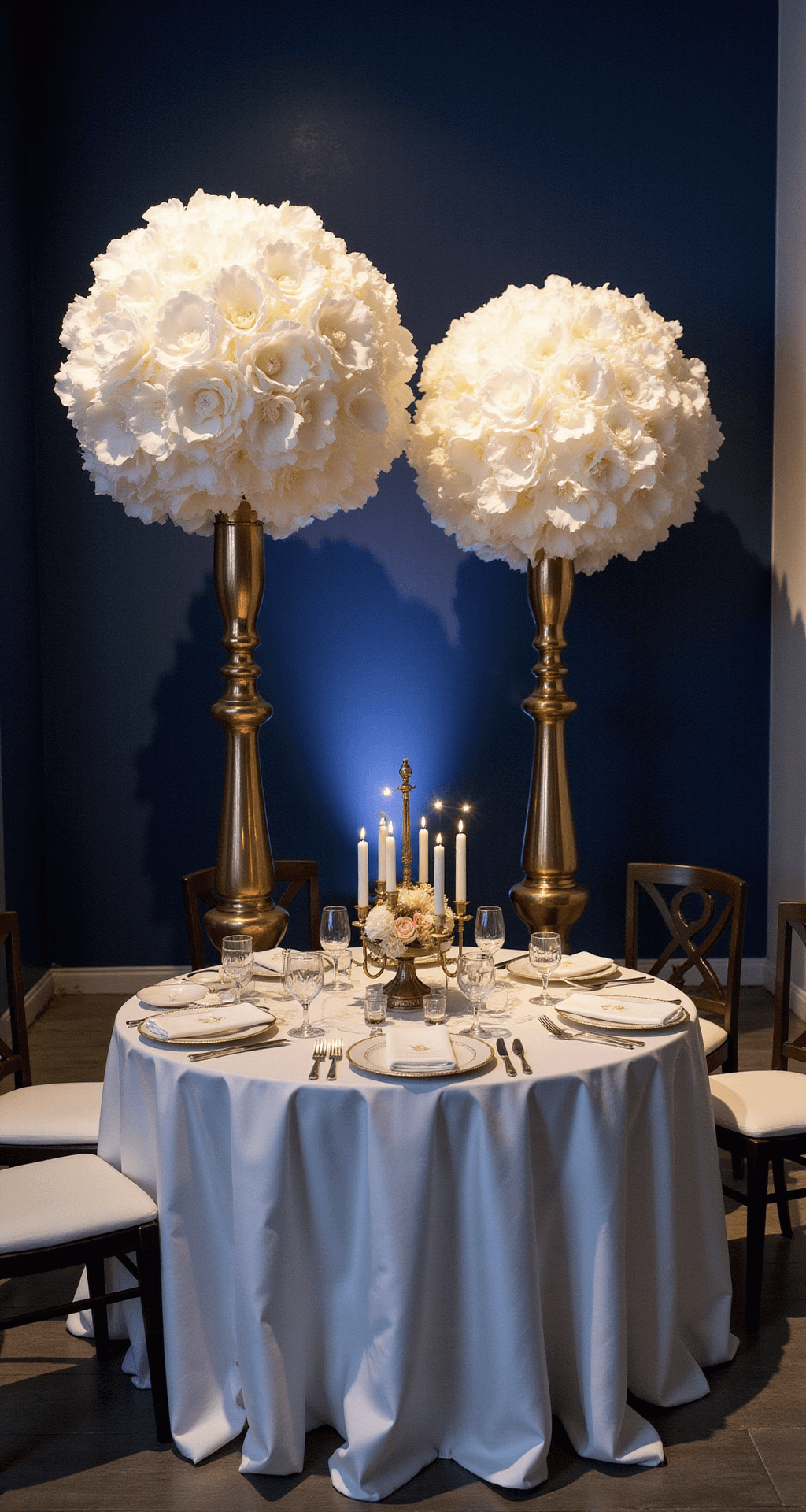 A romantic sweetheart table vignette featuring two 6-foot standing white silk flowers, set against a dark navy wall. The tablescape includes gold accents, taper candles, and delicate place settings, captured at eye level during blue hour with ethereal lighting and shadows.