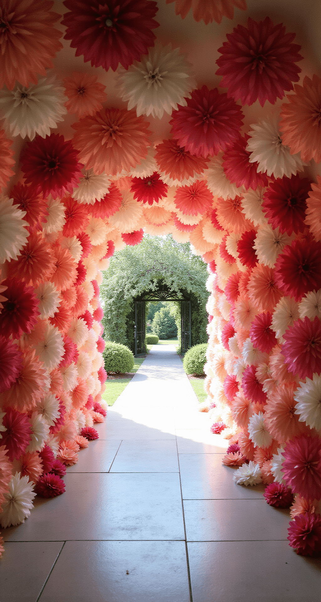 A whimsical tunnel of graduated-size paper flowers in pale pink, coral, and deep rose shades, illuminated by soft bistro lighting, viewed from inside the tunnel toward the garden venue entrance, where guests express awe.