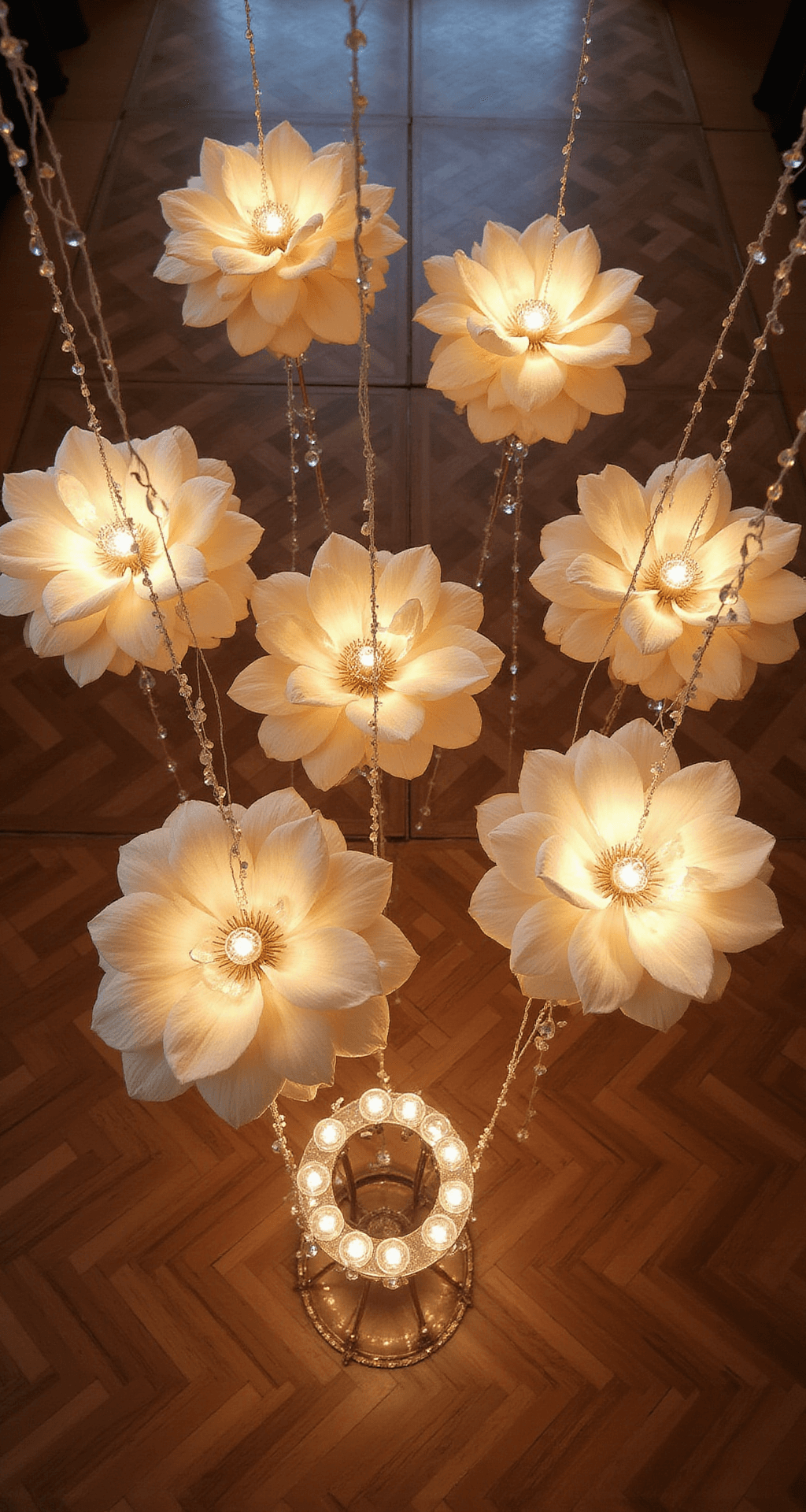 Aerial view of a dance floor adorned with large cream and champagne fabric magnolias and crystal pendant lights, creating a dreamy atmosphere above vintage parquet flooring, with ambient lighting enhancing the dimensional layers.