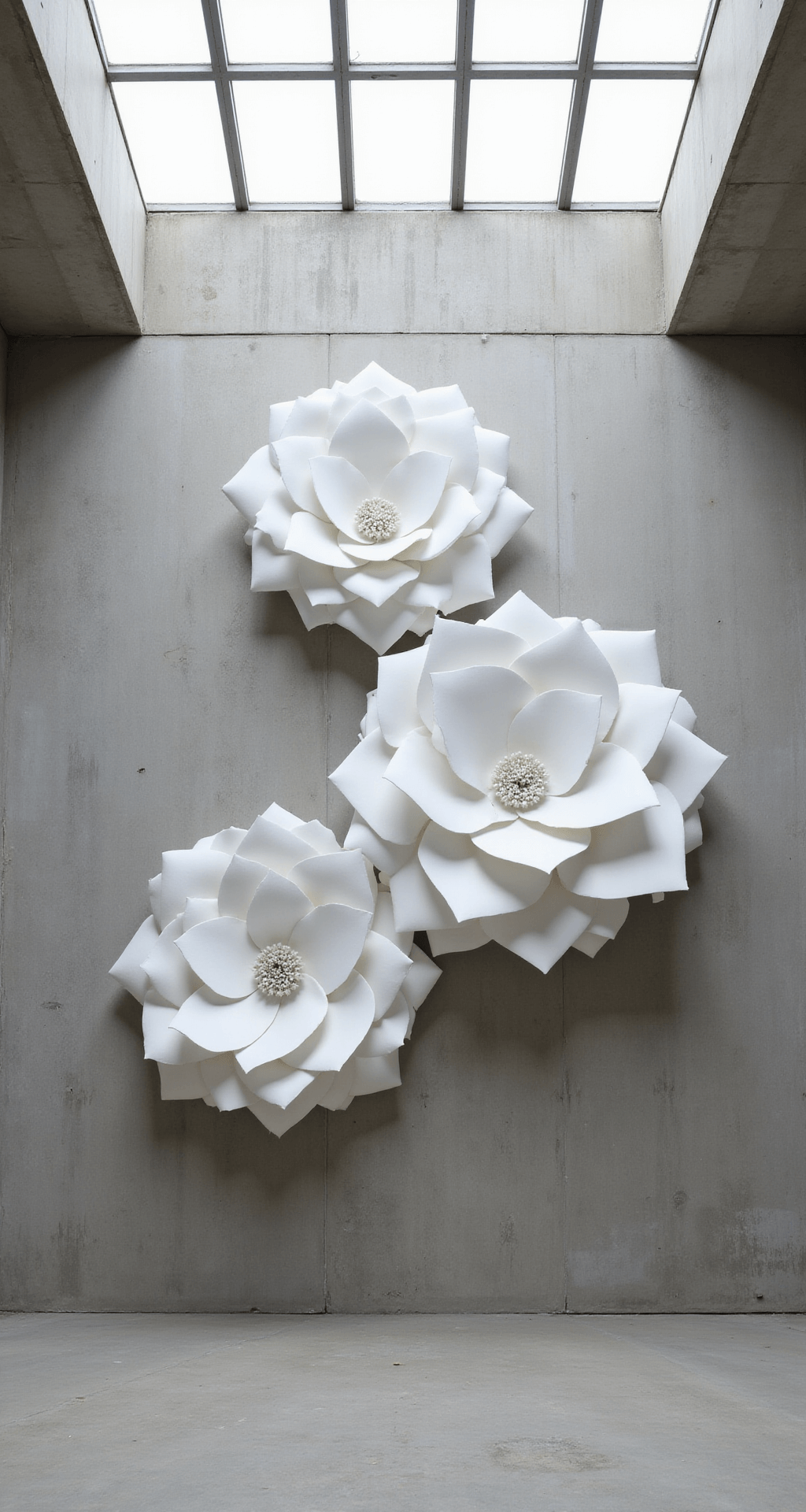 Modern minimalist ceremony space featuring three oversized geometric white paper flowers on a smooth concrete wall, illuminated by natural daylight from a skylight, casting crisp shadows that enhance the architectural folds and dramatic scale.