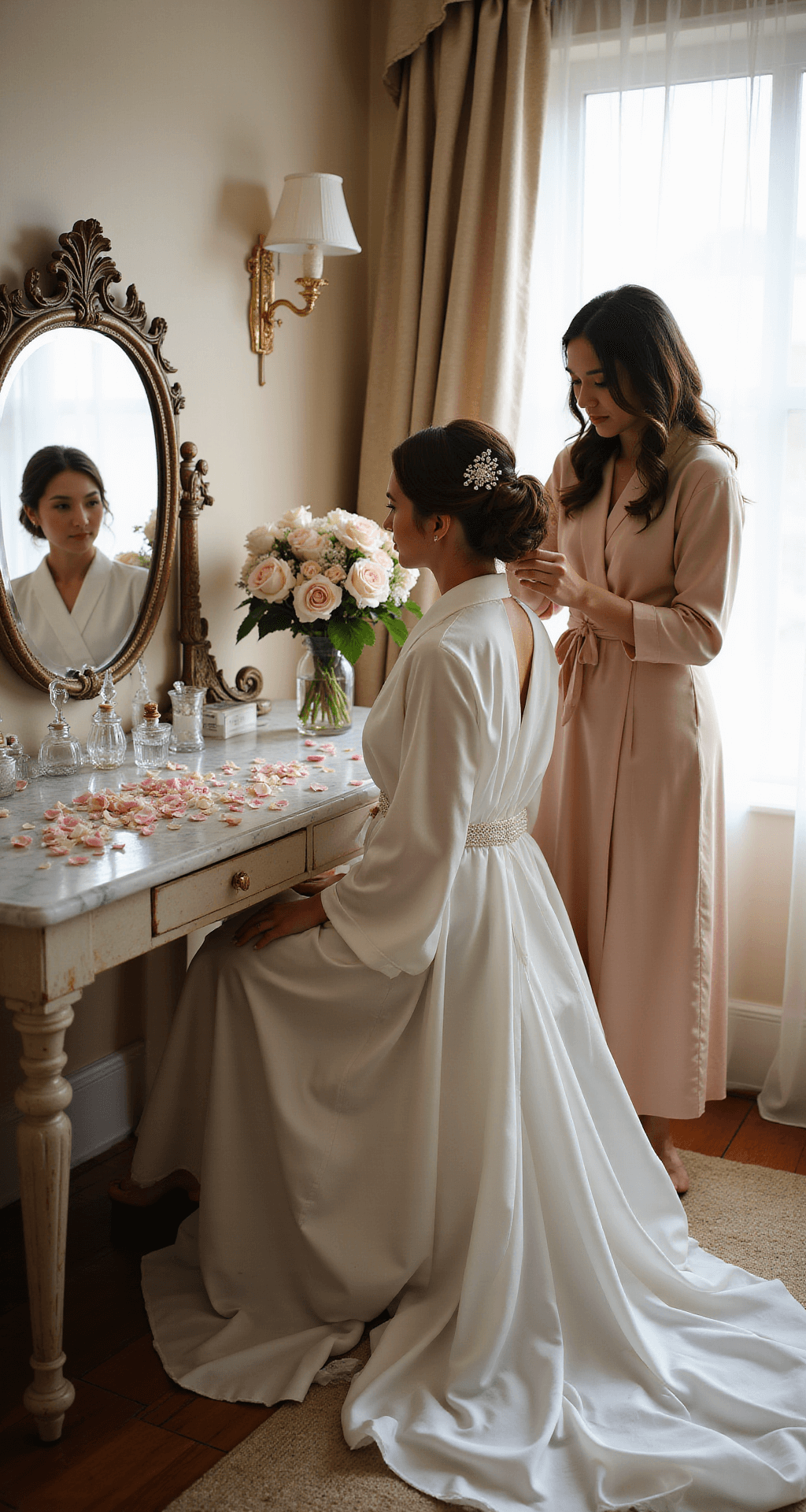 A bride sits at a vintage vanity in a sunlit bridal suite, her hairstylist weaving fresh garden roses into her intricate updo. Crystal perfume bottles and pearl hairpins are scattered across the marble countertop, with champagne-colored silk robes hanging nearby and rose petals scattered in the foreground. The image captures the scene from a 45-degree angle, emphasizing the floral details in the bride's hair.