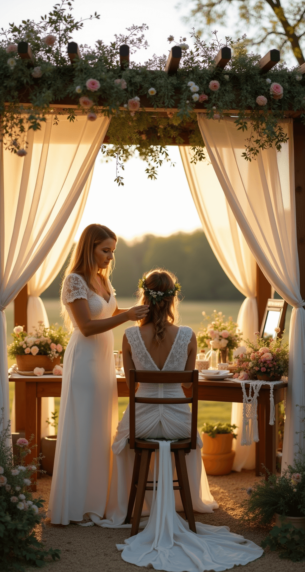 A wide-angle view of a bohemian outdoor wedding preparation scene at golden hour, featuring a flower-adorned pergola where a bride's hair is styled with wildflowers and baby's breath, alongside a natural wooden styling station with macramé hangings, vintage brass mirrors, and fresh flowers, all complemented by a soft breeze moving through sheer cream drapery panels.