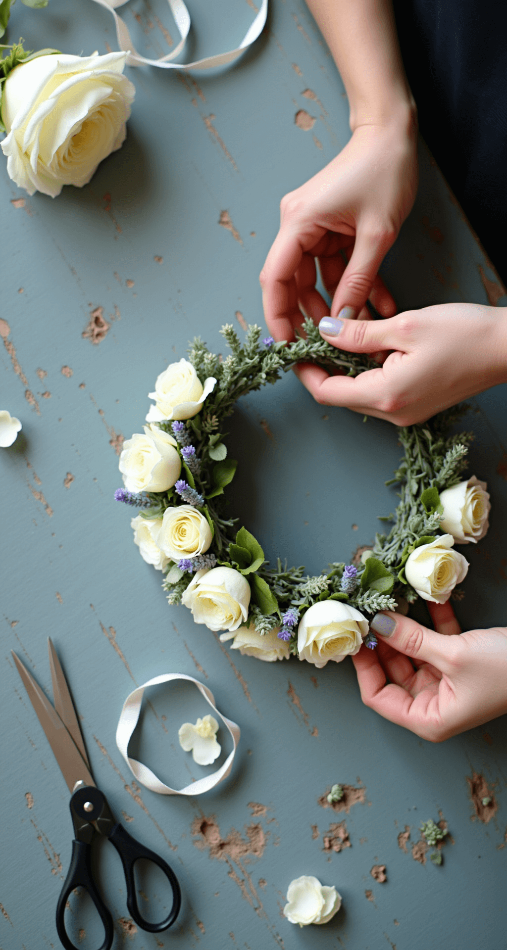 Close-up of hands crafting a floral crown from white garden roses, lavender sprigs, and silvery eucalyptus, surrounded by styling tools and flower petals on a weathered blue table, illuminated by natural light.