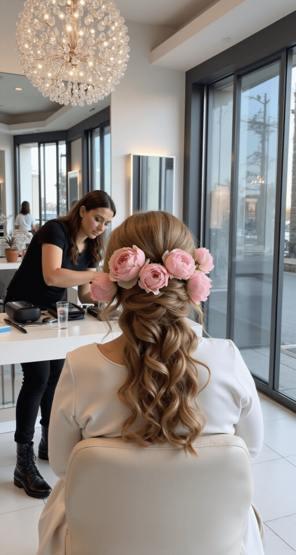 A bride with a braided updo adorned with pink peonies sits at a sleek white styling station in a modern bridal salon, featuring dramatic floor-to-ceiling windows and a crystal chandelier, captured from behind to highlight the intricate braid.