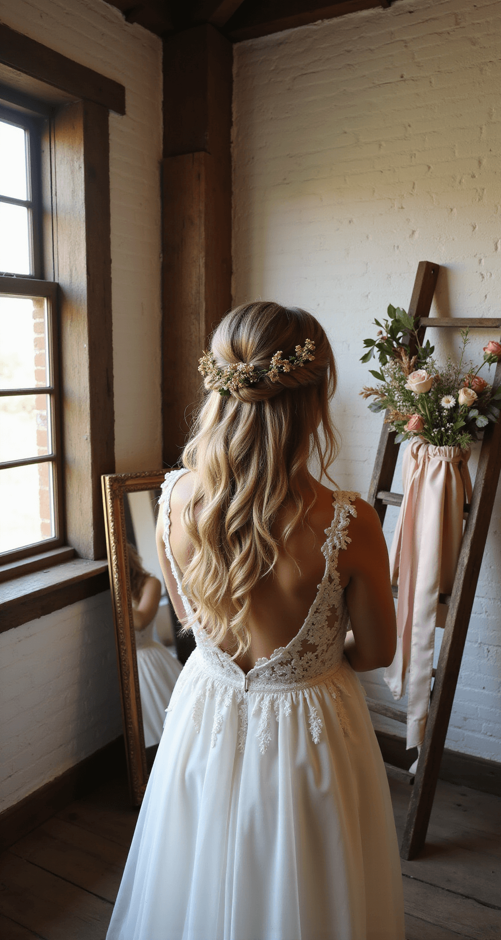 A rustic barn interior with exposed wooden beams and whitewashed walls, featuring a vintage full-length mirror reflecting a bride with dried flowers and gold leaves in her loose braid, an antique ladder adorned with flowing silk ribbons and flower bundles, and warm light streaming through window slats.