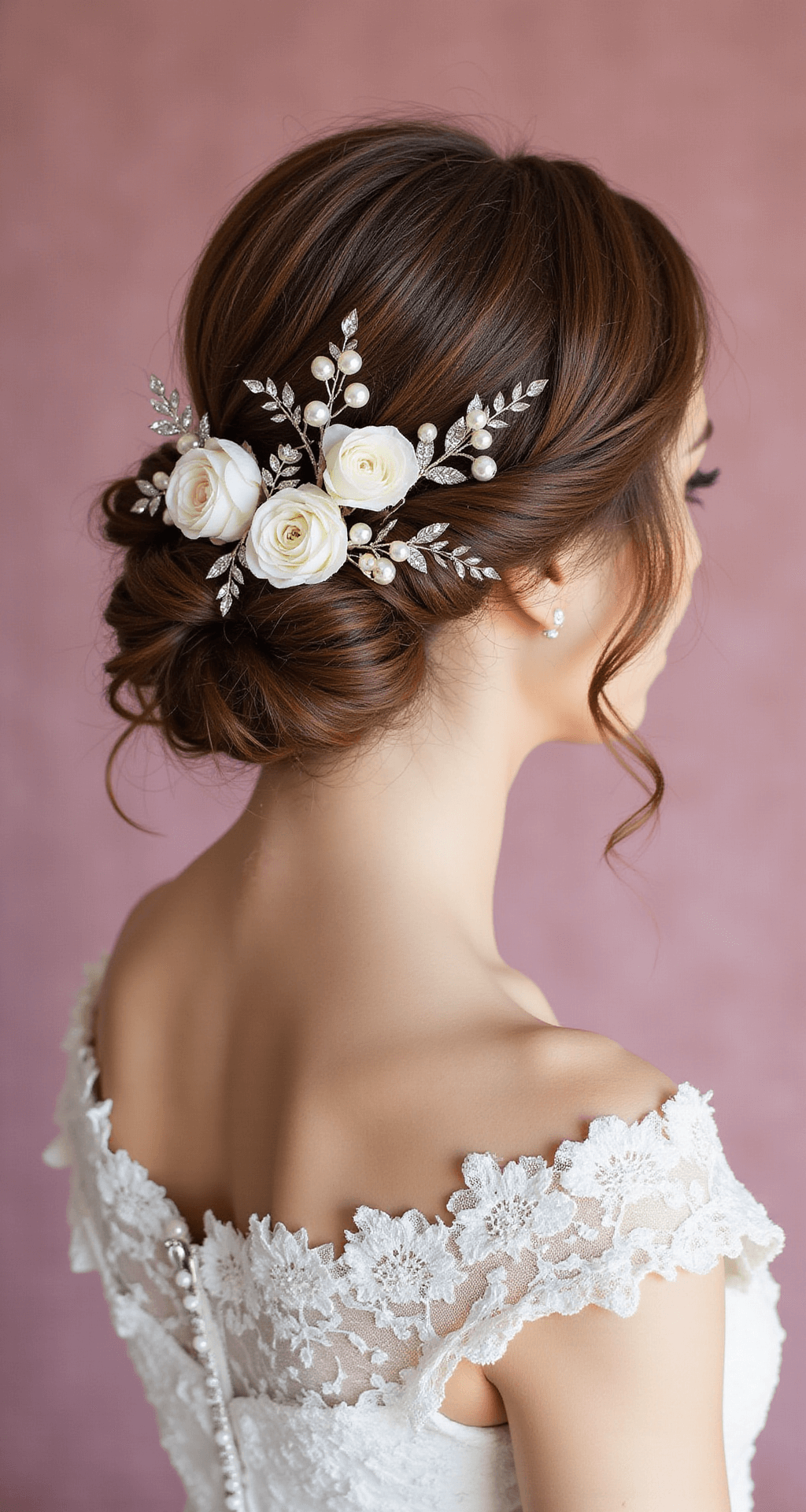 A close-up of an elegant low chignon hairstyle decorated with tiny white roses and pearl pins, set against a blush pink velvet background, with crystal hairpins and delicate flower petals artistically arranged around it, illuminated by a soft ring light.
