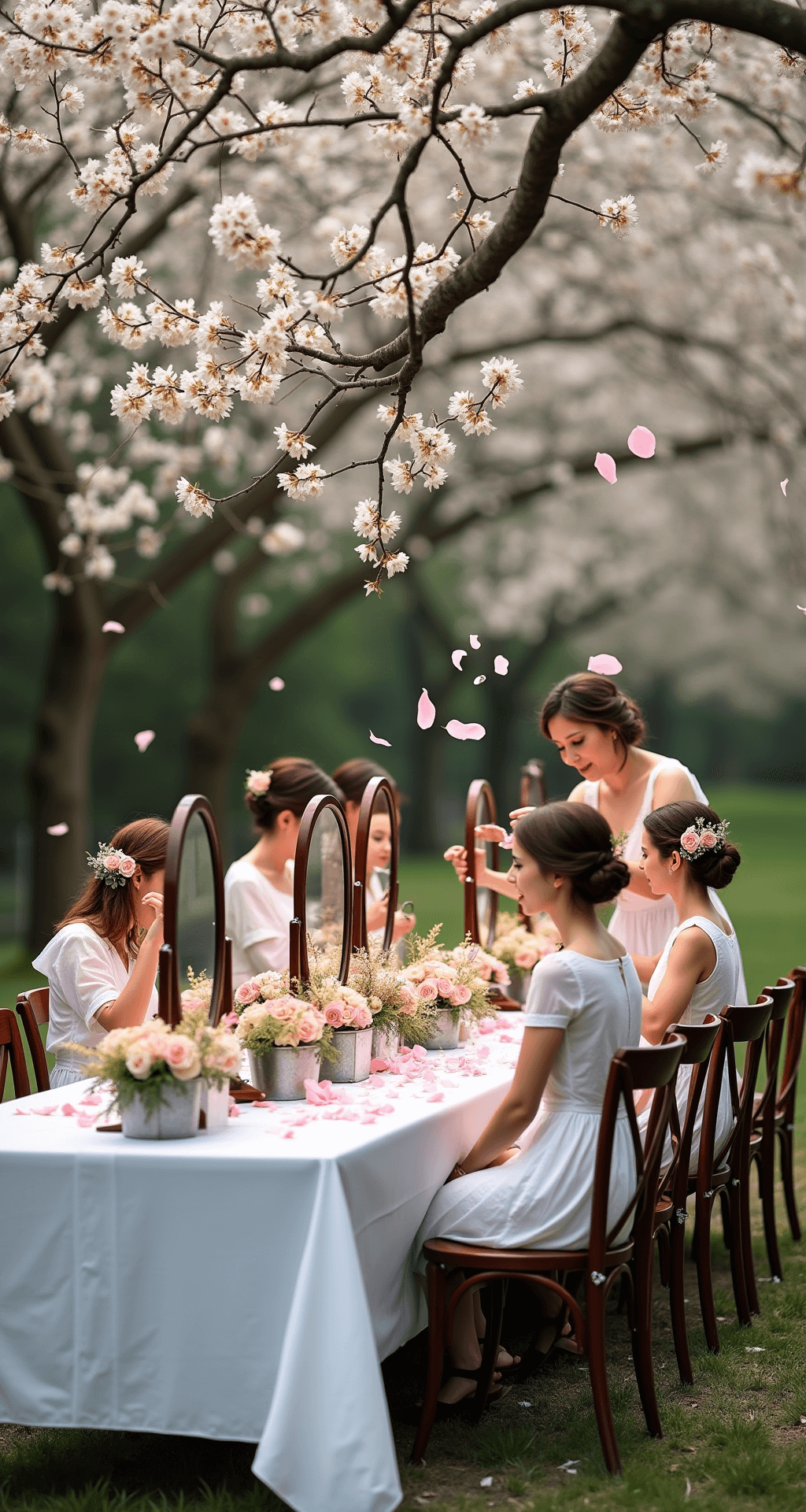 A picturesque garden preparation scene with a long farmhouse table under blossoming cherry trees, showcasing multiple styling stations with vintage mirrors and buckets of fresh flowers, as bridesmaids have floral hair accessories pinned in their hair amidst softly falling pink petals.