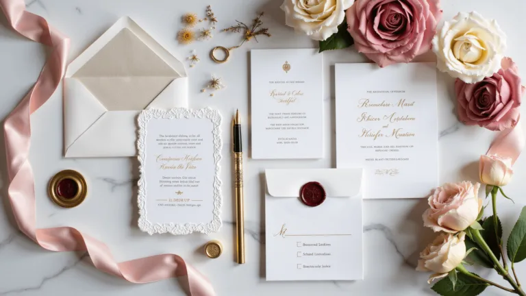 A luxurious overhead flatlay composition of a wedding invitation suite on Carrara marble, featuring white letterpress on handmade cotton paper with gold foil, surrounded by RSVP cards, vellum overlays, silk ribbons, roses, calligraphy envelopes, wax seals, dried flowers, and antique fountain pens, in a color palette of ivory, blush, gold, and burgundy.