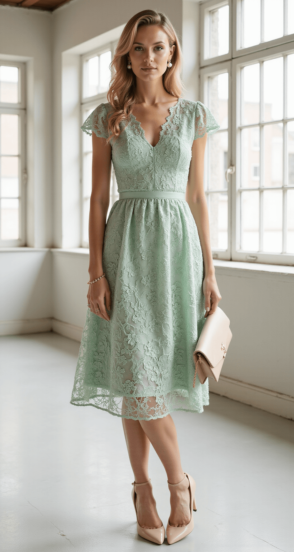 Model in a sage green lace midi dress with flutter sleeves, showcasing intricate floral detailing and a subtle A-line silhouette, paired with pearl drop earrings and cream-colored pointed toe heels, in a bright studio space with floor-to-ceiling windows.