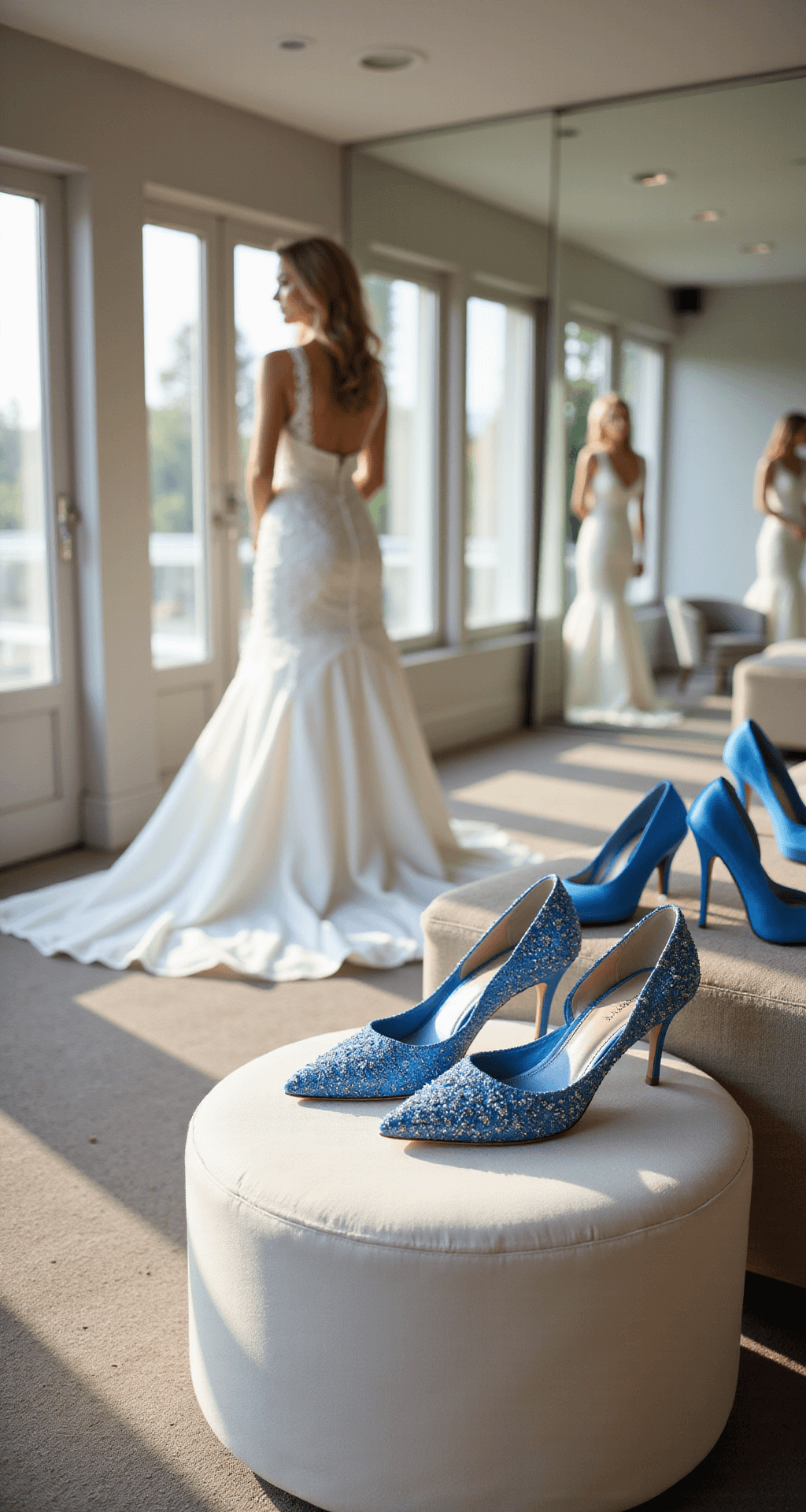A bride in a flowing white wedding gown stands in a luxurious bridal boutique fitting room, illuminated by natural light from large windows. She gazes into a triple mirror, showcasing her crystalline blue Bella Belle heels adorned with intricate beading and lace. Nearby, a plush cream ottoman displays various blue wedding shoes, including royal blue stilettos and powder blue flats, softly blurred in the background.