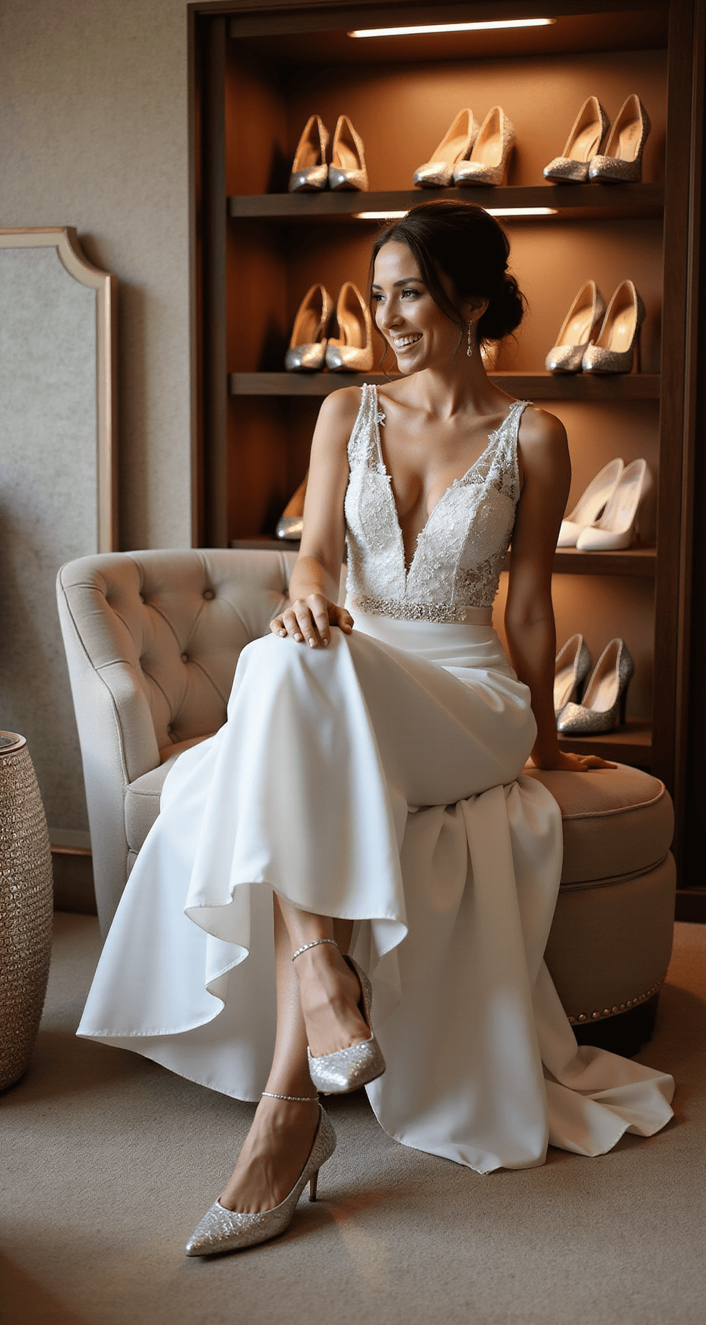 A bride seated on a tufted ottoman in a luxurious walk-in closet, trying on Naturalizer comfort heels. The space features custom shoe shelving, warm LED lighting highlighting metallic accents, and multiple pairs of elegant, comfort-focused wedding shoes displayed in the background.