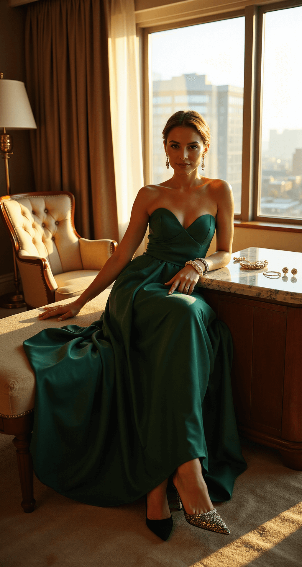 A luxurious hotel suite during golden hour, featuring a deep emerald silk gown on a velvet chaise lounge, crystal-embellished stilettos, and a pearl clutch. A marble vanity displays designer jewelry, including a diamond tennis bracelet and drop earrings, illuminated by warm light, all captured from a low angle.