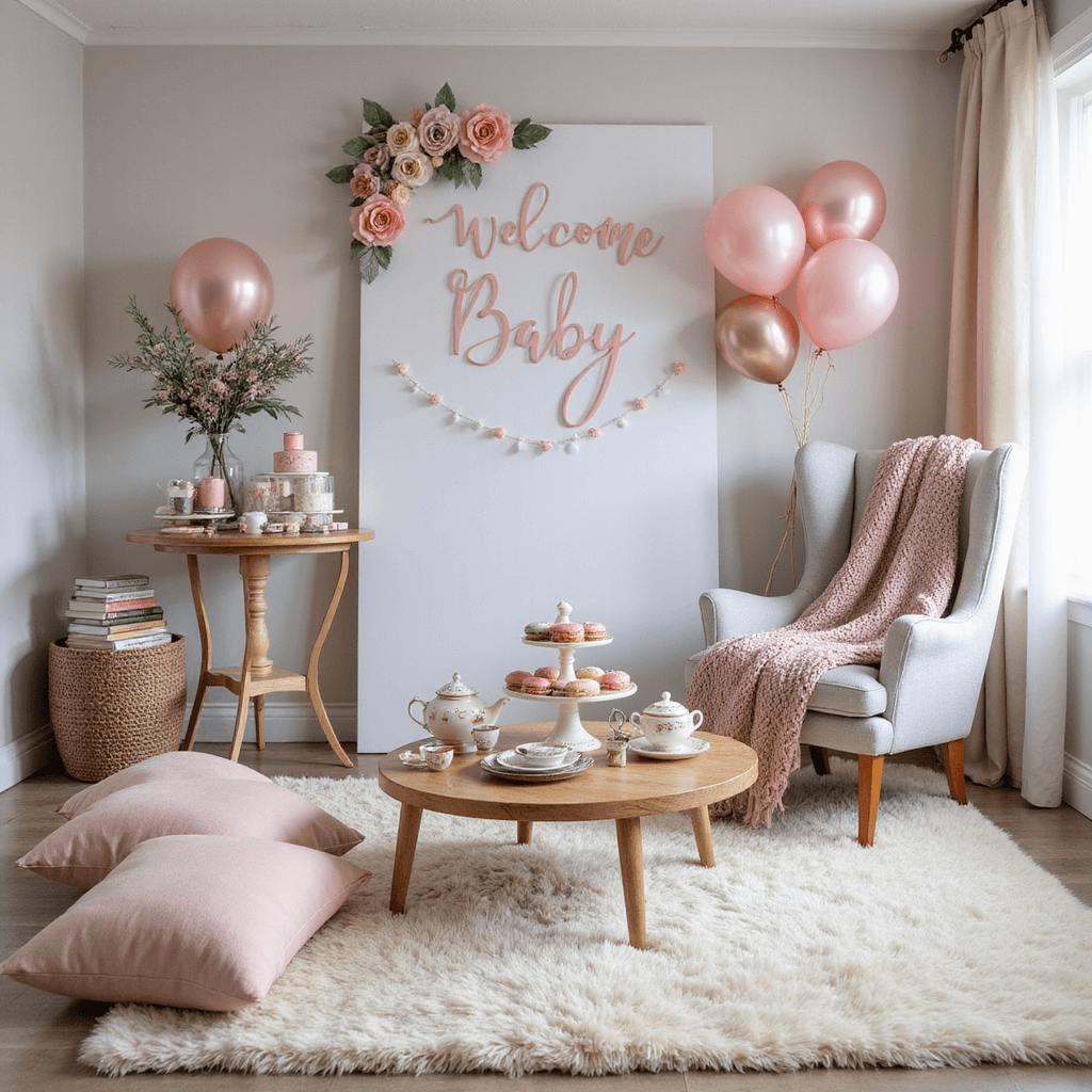 A cozy winter baby shower setup in a chic living room, featuring a plush cream rug, blush floor pillows, and faux fur throws. Delicate tea sets and tiered stands of pastel treats adorn low coffee tables. A 'Welcome Baby' backdrop with paper flowers and metallic balloons enhances the scene, while a rocking chair with a knit blanket sits beside a table of children's books, all accented in soft pink and grey tones.