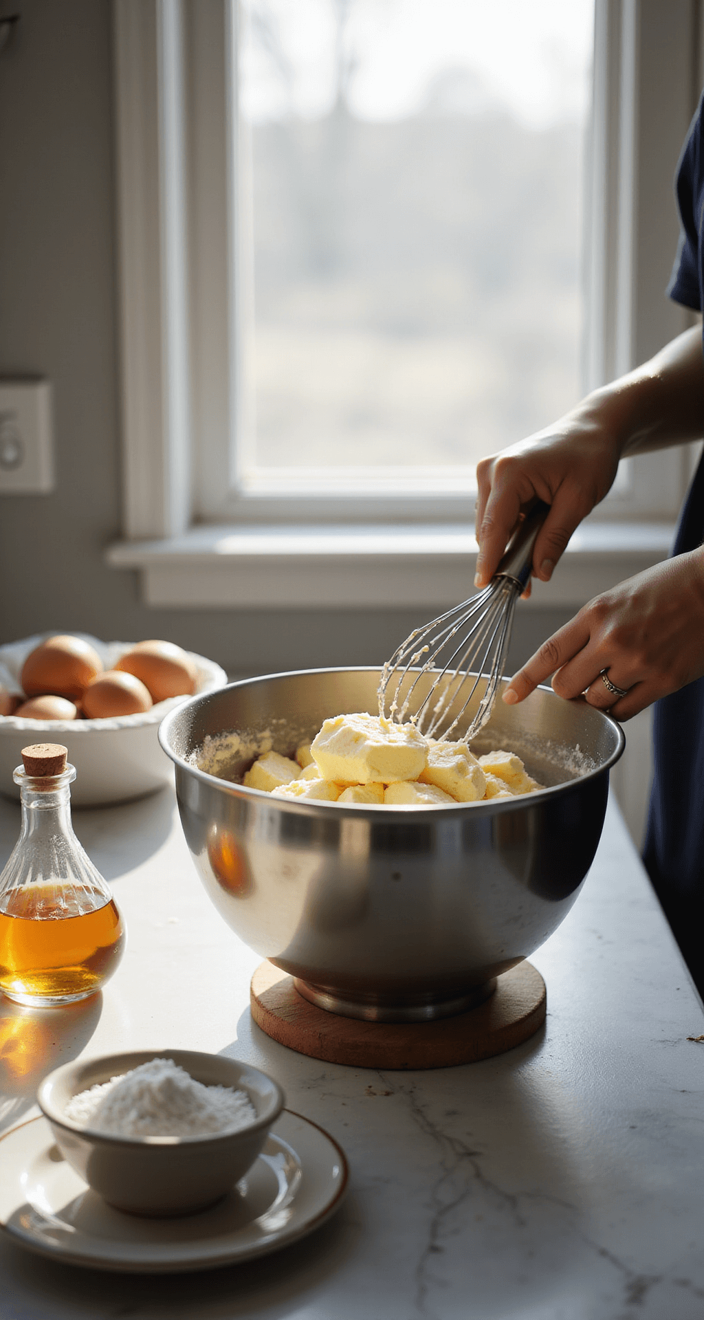 Close-up of hands creaming butter and sugar in a stainless steel bowl, with natural light illuminating a marble countertop adorned with farm-fresh eggs, vanilla extract, and flour, alongside a stand mixer creating a fluffy mixture in a softly blurred background.