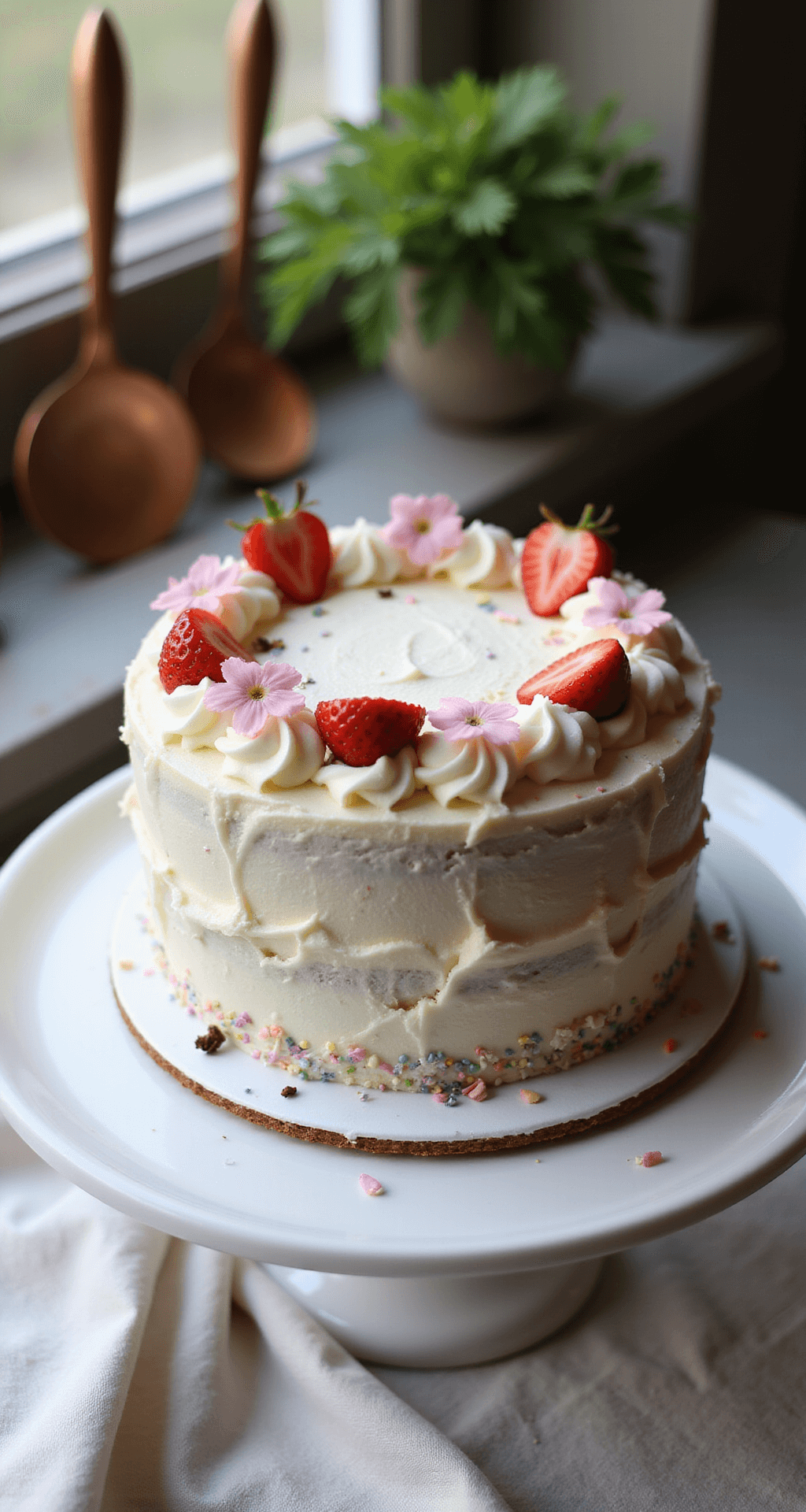 Overhead view of an elegantly frosted two-layer birthday cake with white buttercream, pink strawberries, edible flowers, pastel sprinkles, and chocolate shavings, set on a white ceramic stand in a blurred sophisticated kitchen.