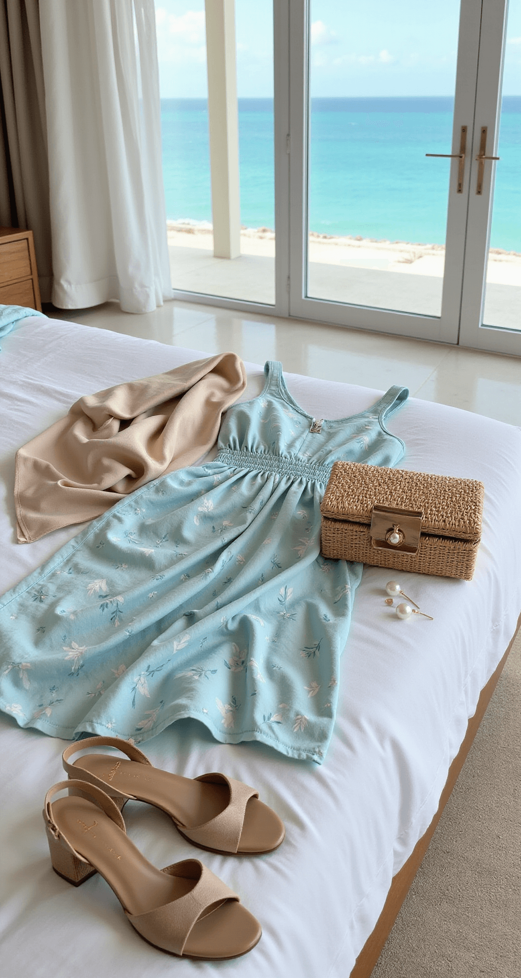 Interior of a luxury resort suite featuring a floor-to-ceiling ocean view, showcasing a powder blue midi dress, nude block-heel sandals, pearl drop earrings, a champagne-colored silk wrap, and a designer wicker clutch, all arranged in a flat-lay style on a white linen bed, illuminated by soft, diffused natural light.
