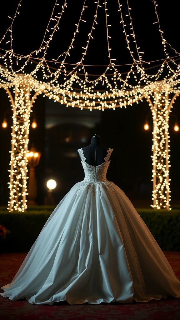 A beautiful white ball gown displayed under twinkling lights, showcasing its elegant design.