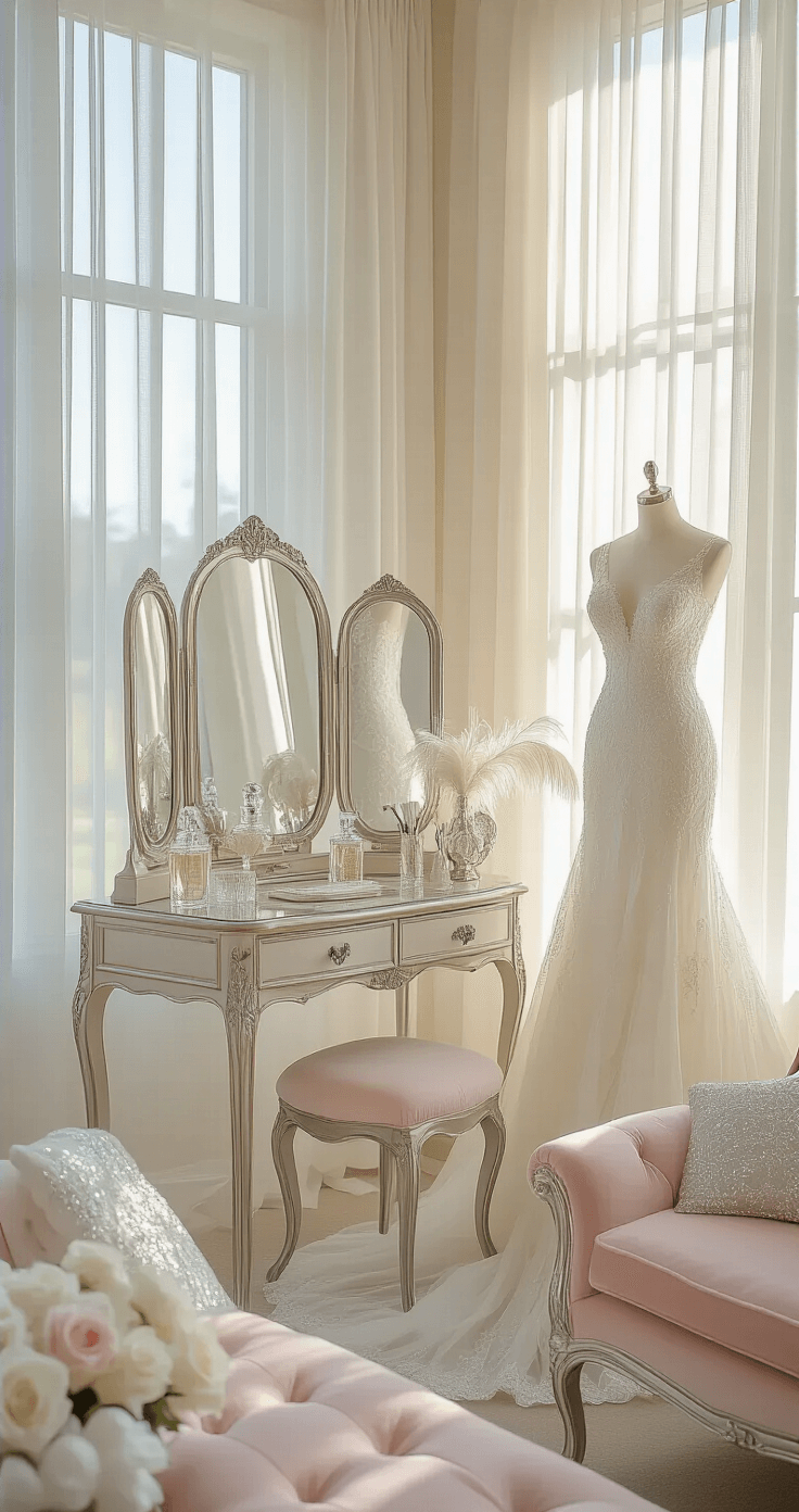 A softly lit bridal preparation suite with tall French windows and ivory sheers, featuring a vintage vanity with a triple mirror, crystal perfume bottles, and a beaded wedding gown on a mannequin. A blush velvet chaise lounge with silver embroidered pillows complements white roses and feather arrangements in mercury glass vases.