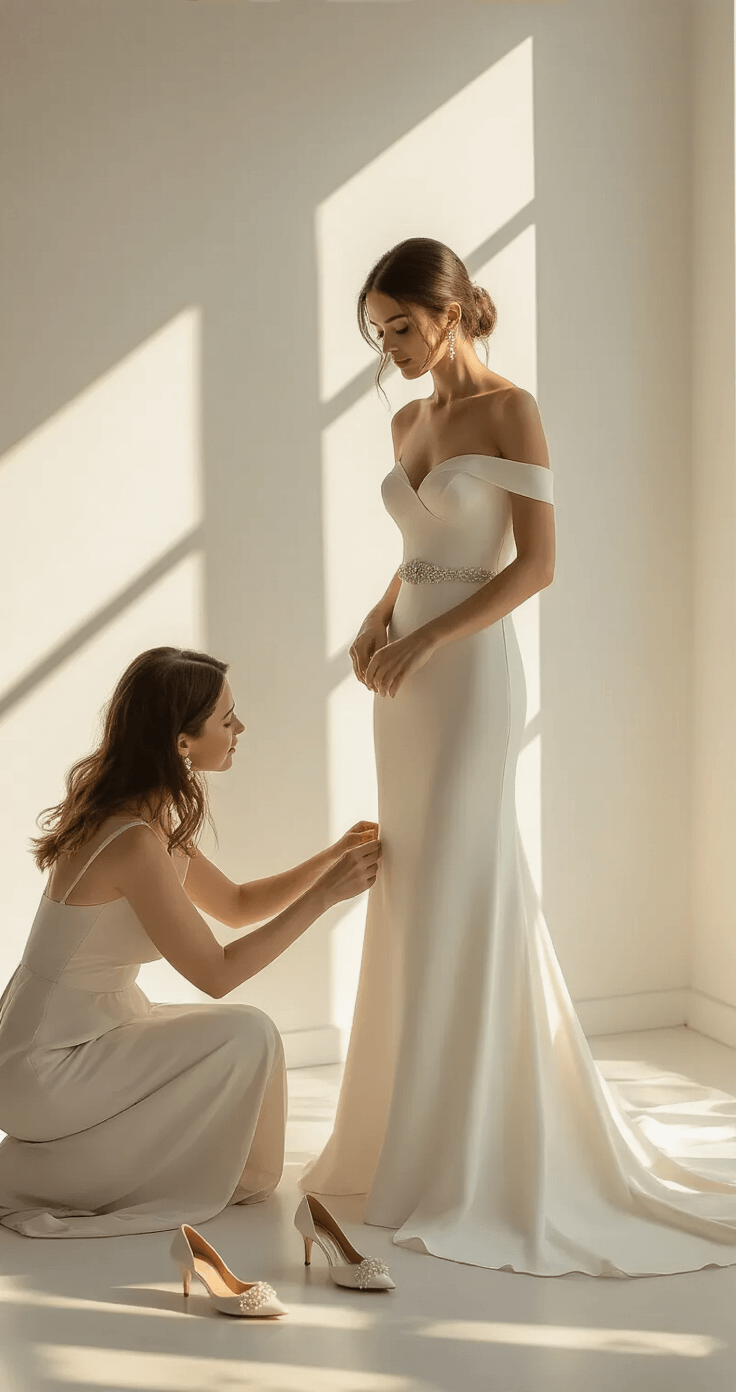 A bride in a silk slip trying on a classic off-shoulder crepe gown in a minimalist fitting room, with her mother adjusting the train. Sunlight casts gentle shadows, and wedding accessories like pearl earrings and an embellished belt are thoughtfully arranged nearby.