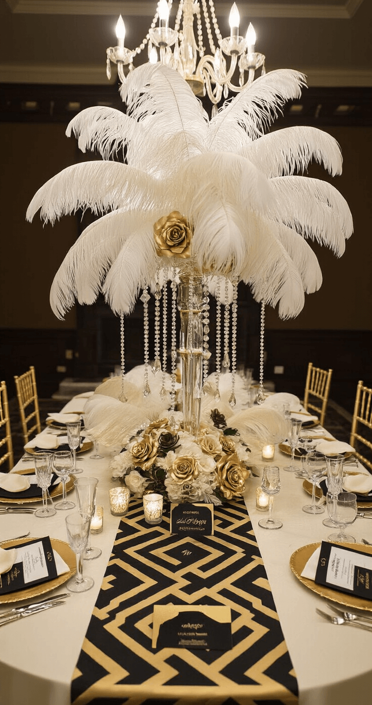 A luxurious reception table vignette featuring a geometric black and gold table runner over ivory silk, adorned with a towering centerpiece of white ostrich feathers, crystal strands, and gold-dipped roses, complemented by elegant place settings with gold chargers, cut crystal stemware, and black menu cards in gold calligraphy, finished with pearl napkin rings and art deco place card holders, all illuminated by chandelier lighting in a dramatic overhead shot.