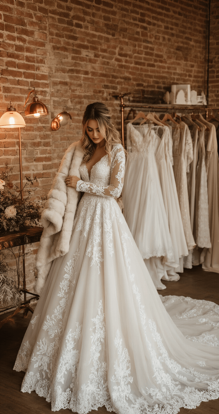 A bride in a cream wool coat inspects the lace sleeves of a romantic ballgown inside a cozy boutique featuring exposed brick walls and vintage decor, illuminated by warm lighting from copper floor lamps, with a rack of long-sleeve gowns in the background.