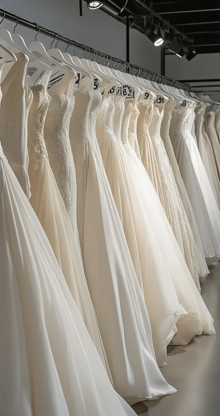 A wide-angle shot of a professional studio showcasing dozens of designer gowns arranged by size and style, featuring dramatic markdown price tags, with elegant mermaid silhouettes and ballgowns in various shades of white and ivory under bright studio lighting.